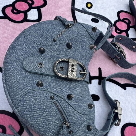 Lily Shoulder Bag - Blue Denim Weave | JW PEI JW PEI Blue Denim Studded Crescent Shoulder Bag Y2K w Box Dust Bag